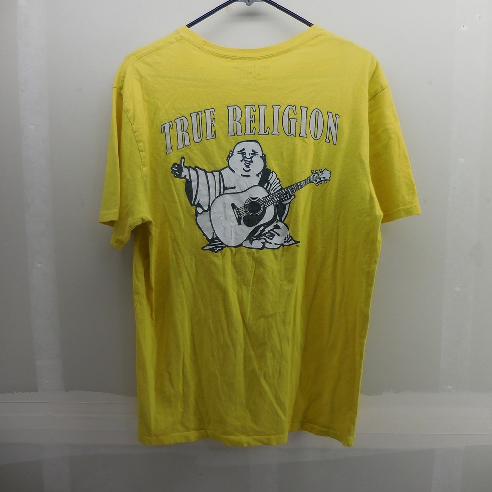 True Religion Mens Yellow World Tour Buddha Guitar Graphic T-Shirt Size Large - Picture 2 of 5